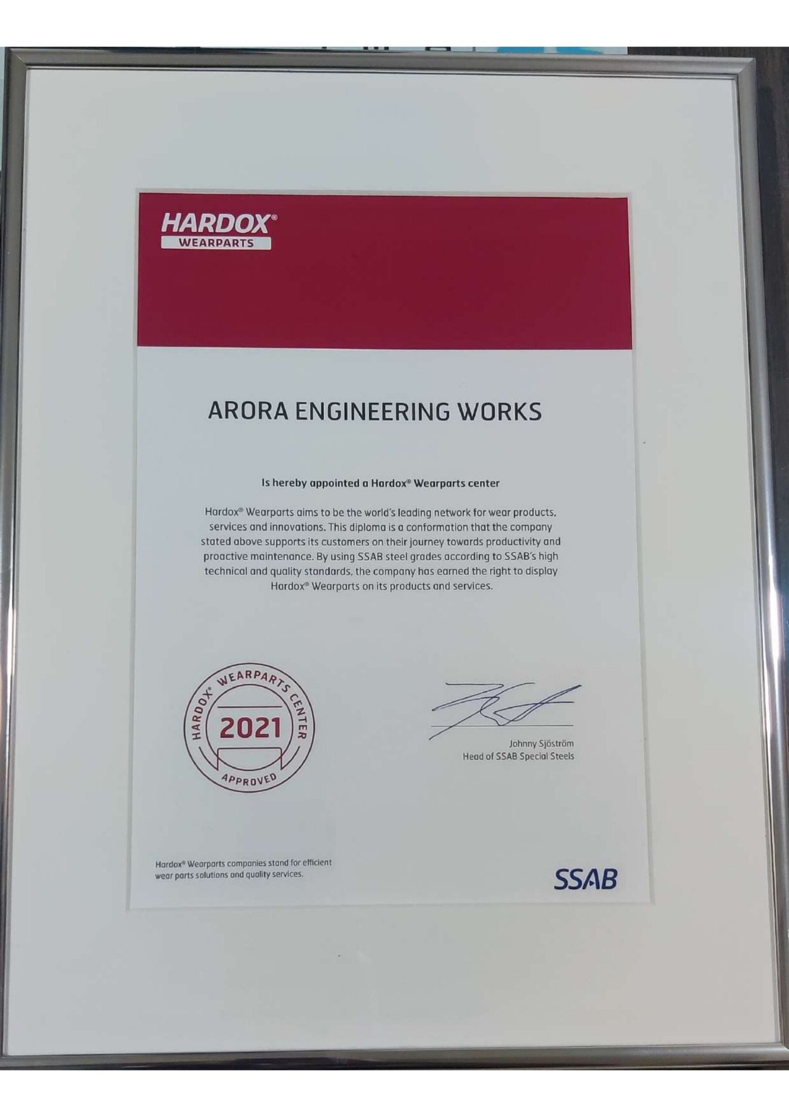 Hardox Wear Partner Certificate from SSAB Sweden