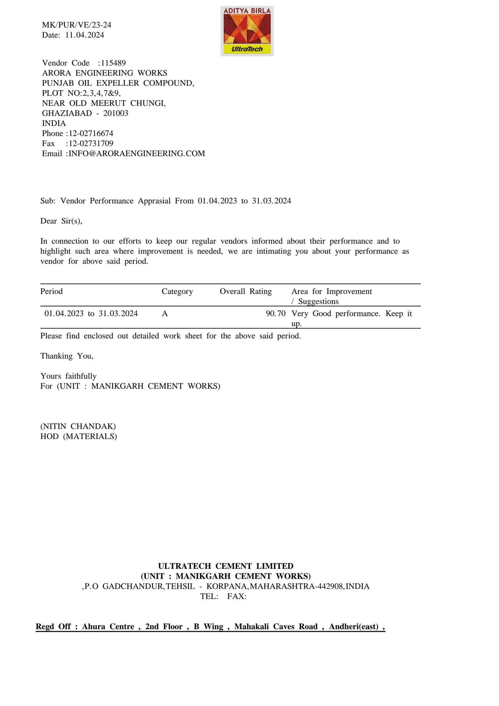 Vendor Evaluation Letter - Manikgarh 2024